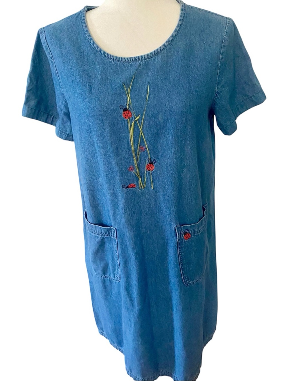 Vintage 90s Blair Denim Dress Small Ladybug Embroidered Cottagecore Pockets
